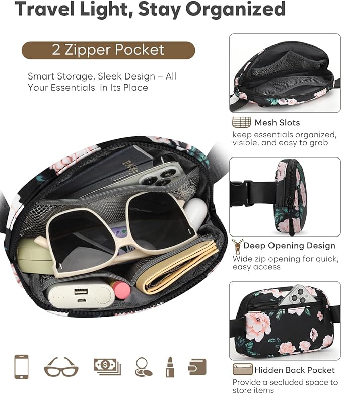 Pritent Fanny Packs for Women Cross Body Bag Waterproof Belt Bag with Adjustable Strap and Zipper Back Pocket Small Crossbody Bags Fashion Waist Packs for Workout Travelling(Flower Print)