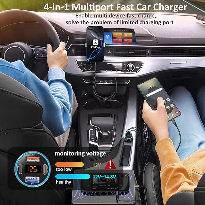 65W 4-Port USB C Super Fast Type C Car Charger for Galaxy S25/S24/S23/S22 Ultra/iPhone 17/16/15, 3 Pack QC&PD 3.0 Fast Charging Android Car Phone Charger Cigarette Lighter Adapter+6FT USB-C Cable