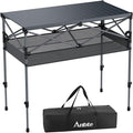 Anbte 34.2” Tall Camping Table Foldable, 2 Adjustable Height Large Roll Up Camping Table Support 264lbs with Storage Basket and Bag, Waterproof, for Travel BBQ Outdoor Patio, 39.4” x 19.7”, Black