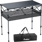 Anbte 34.2” Tall Camping Table Foldable, 2 Adjustable Height Large Roll Up Camping Table Support 264lbs with Storage Basket and Bag, Waterproof, for Travel BBQ Outdoor Patio, 39.4” x 19.7”, Black