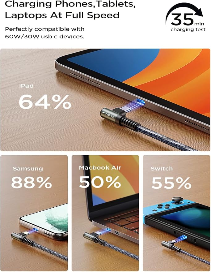 AINOPE USB C to USB C Cable 60W, 16.4ft USB Type C Cable Right Angle, Compatible with Samsung Galaxy S21 S20, Note 20 Ultra 10 9 8, MacBook Air/Pro 13'', iPad mini 6/Pro/Air 2020 (16.4FT, Grey)