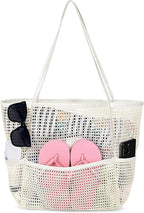 Iioscre Beach Bag for Women, Causal Hobo Pool Bags with Zipper Inner Pocket, Foldable Swim Tote Bag for Vacation Essentials