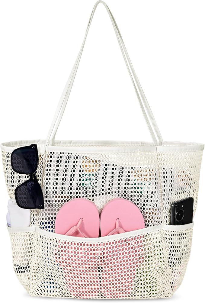 Iioscre Beach Bag for Women, Causal Hobo Pool Bags with Zipper Inner Pocket, Foldable Swim Tote Bag for Vacation Essentials
