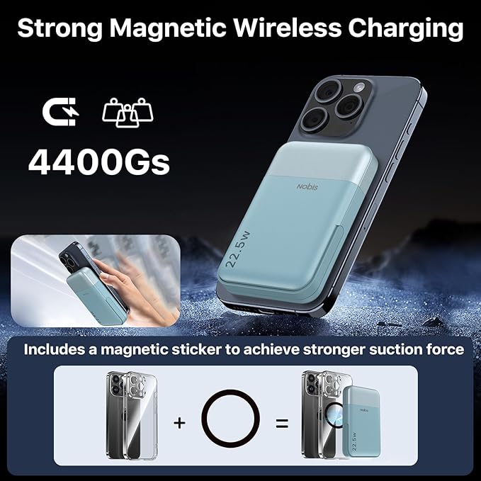 NOBIS A2641 Magnetic Power Bank, 10000mAh Wireless Portable Charger, 22.5W Magnetic Battery Pack with Stands,Magnetic Portable Charger with LED Display for Phone 16 (Blue, 22.5W)
