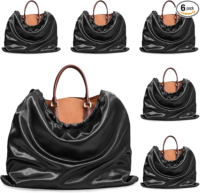 Ersmak 6 Pack Dust Bags for Handbags - Black Silk Dust Cover Bag for Purses Shoes - Satin Drawstring Dustproof Bags for Travel Storage - 23.6 x 19.7 In