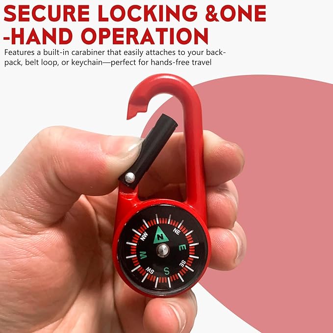 Carabiner Clip On Compass Keychain, Mini Pocket Compass for Hiking, Camping, Fishing, Portable Small Compass Survival, Lightweight Keychain Compass for Kids and Outdoor Adventures