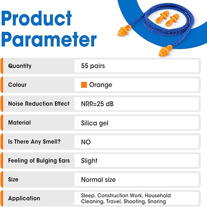 AZEN 55 Pairs Silicone Ear Plugs, Reusable Earplugs for Noise Reduction, 25dB NRR Corded Ear Plug for Sleeping Noise Cancelling, Ear Plug with String Individual Packing