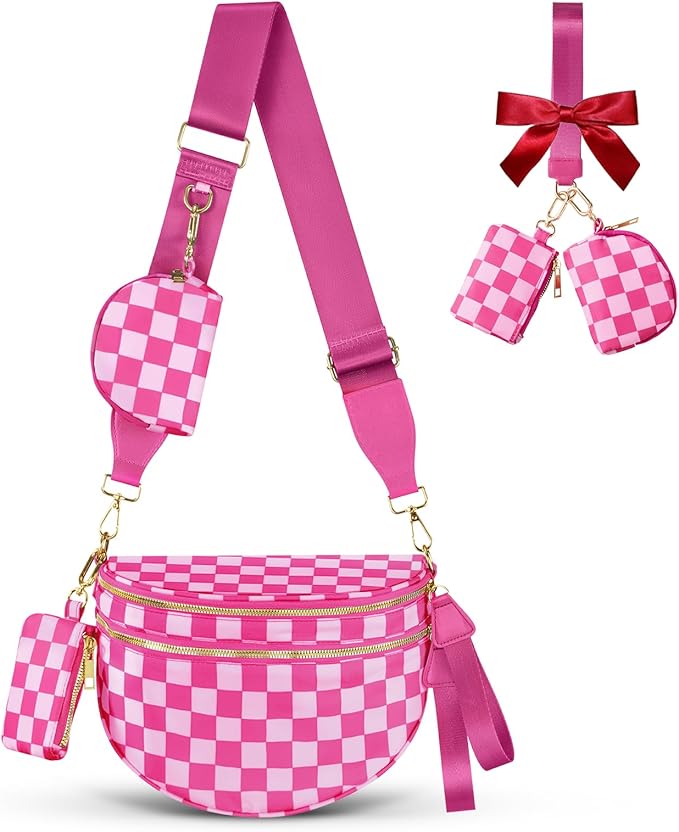 Cross Body Bag for Women Checkered Crossbody Bags Bum Bags for Women Fanny Packs for Girls Small Nylon Checkered Purse Trendy Shoulder Bag (Checkered Rose, One Size)