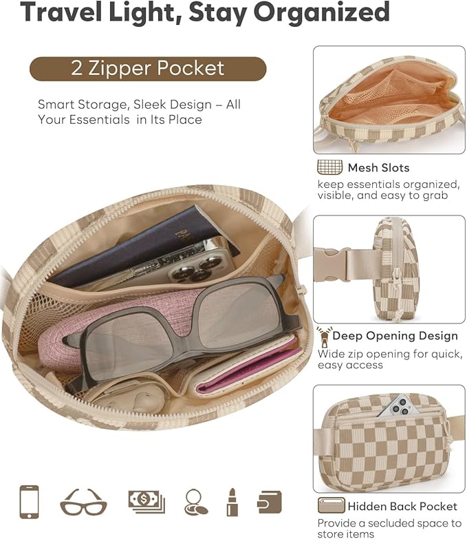 Pritent Fanny Packs for Women Cross Body Bag Waterproof Belt Bag with Adjustable Strap and Zipper Back Pocket Small Crossbody Bags Fashion Waist Packs for Workout Travelling(Checkered Khaki, Large)