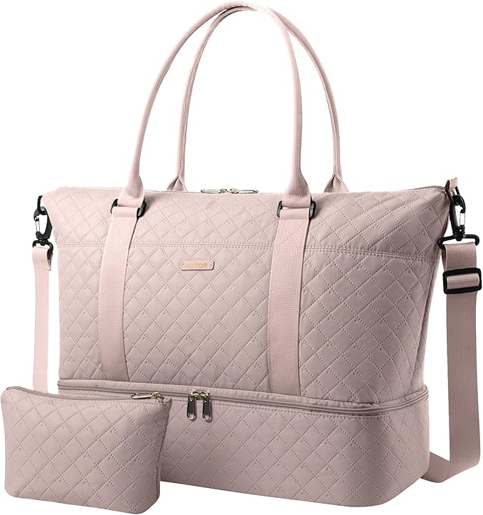 HOTOR Travel Duffel Bag - Weekender Bags for Women, Gym Tote Bags with Shoe Compartment, Carry On Overnight Bag with Toiletry Bag for Travel Essentials and Travel Accessories, Pink, 13.4"×17.3"×7.9"