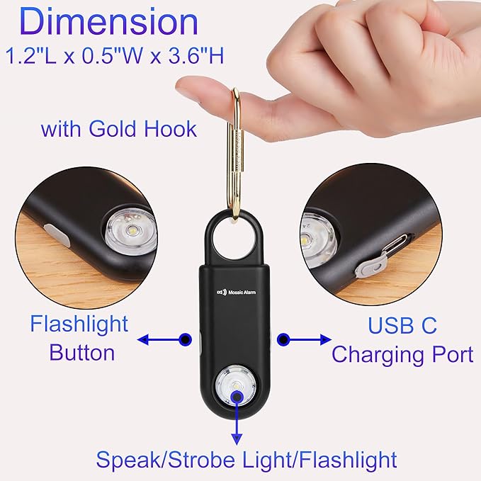 135dB Rechargeable Personal Safety Alarm Strobe Light Flashlight Keychain Siren for Women, Girls, College, School Students Emergency SOS Alerts Loud Sound Hiking Alarm Torchlight Bear Deterrent. Black