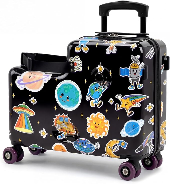 smilesun 20" Ride-On Suitcase for Kids, Cute Pattern, Lightweight Hardshell Carry-On Luggage with Double Spinner Wheels, TSA Lock for Boys & Girls（Black）