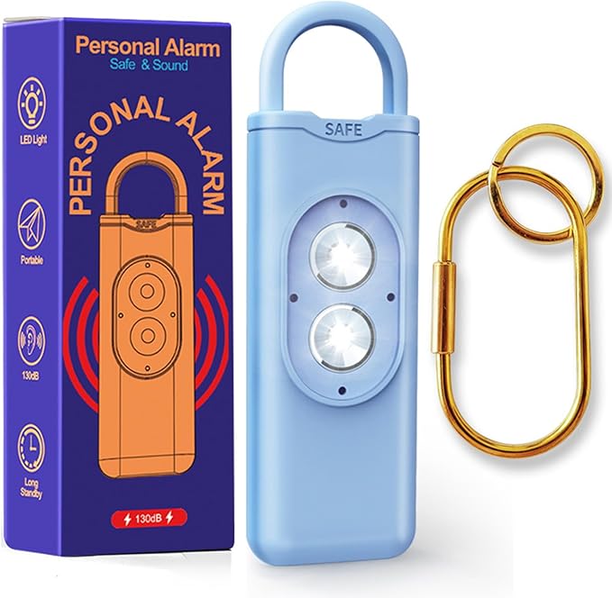 Halo-Siren Keychain, HaloSiren Personal Safety Alarm - 130db Loud Alarm Keychain with LED Strobe Light, Compact Emergency Siren (Double Flashing Lights - Blue + Copper Ring)