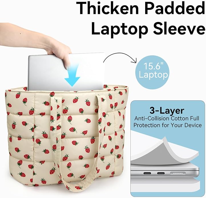 Puffer Tote Bag with Pouch,Women's Lightweight Quilted Shoulder Bag,15.6"/17.3" Laptop Travel Weekender for Work & Nurses