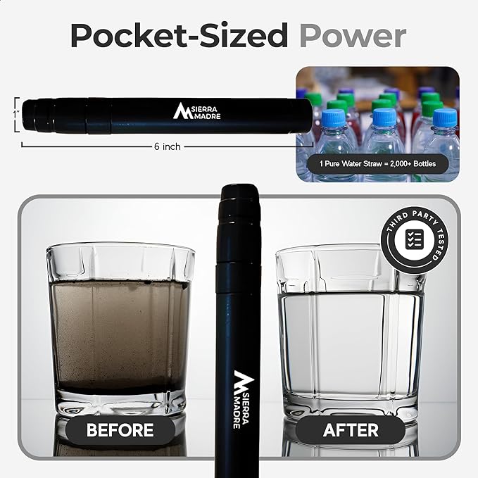 Sierra Madre Pure Water Straw – 264 Gallon Water Filter Purification for Backpacking, Camping, Hiking, Travel - Perfect for Preparedness Survival Gear & Supplies - Portable & Lightweight (Pack 2)
