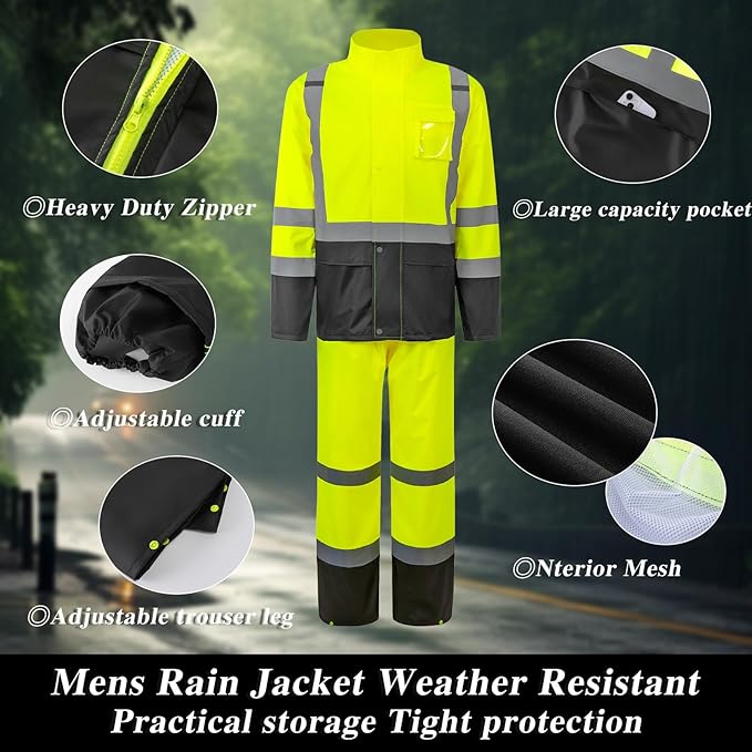 Men's Hi Vis Safety Rain Jacket Reflective Rain Suits For Men Waterproof Breathable Lining Oxford Fabric Work Wear