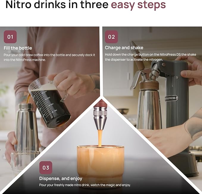 NitroPress DS Electric Nitro Cold Brew Coffee & Cocktail Maker Machine, Air-Powered Nitro Coffee Maker & Nitrogen Infuser for Coffee Matcha Cocktails & Drinks Stainless Steel Home Bar Beverage System