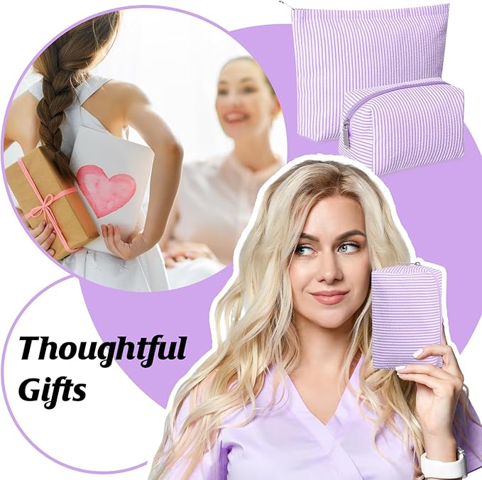 Huhumy 2 Pcs Makeup Bag Set Cute Cosmetic Pouch for Women Seersucker Travel Toiletry Bag Preppy Small Makeup Purse Pouch Aesthetic Skincare Brushes Storage Organizer for Valentine Women(Purple)