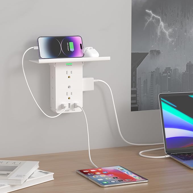 2 Packs 11 Port Surge Protector Wall Outlet,8 Electrical Outlet Extenders and 3 USB Ports 3.4A,with Removable Built-in Shelf，FCC Listed,White