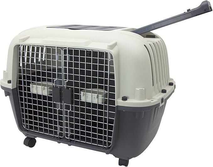 SportPet Airline Compliant 2-Door Large 34.5" Travel Dog Kennel - Durable Plastic Pet Carrier w/Divider, Wheels, & Bowls, Collapsible Indoor/Outdoor Dog Kennel, Dogs up to 28" L & 20" H - Cream/Gray