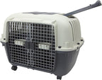 SportPet Airline Compliant 2-Door Large 34.5" Travel Dog Kennel - Durable Plastic Pet Carrier w/Divider, Wheels, & Bowls, Collapsible Indoor/Outdoor Dog Kennel, Dogs up to 28" L & 20" H - Cream/Gray