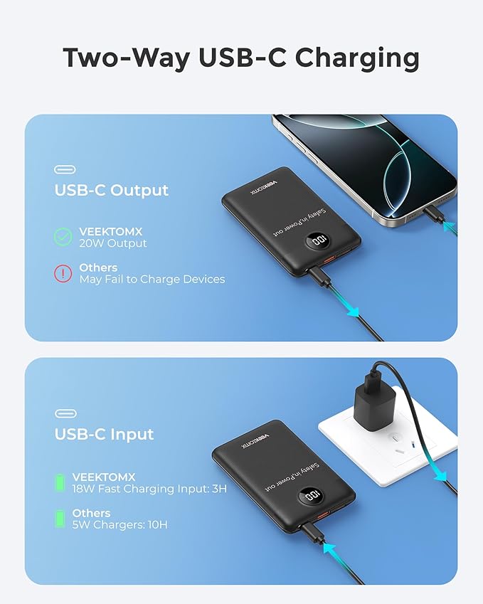 VEEKTOMX Small Portable Charger 10000mAh, Mini Power Bank 22.5W Fast Charging, Slim & Lightweight Travel Essentials, 3-Output External USB C Battery Pack Compatible with iPhone 17 16 15 (Dark Black)