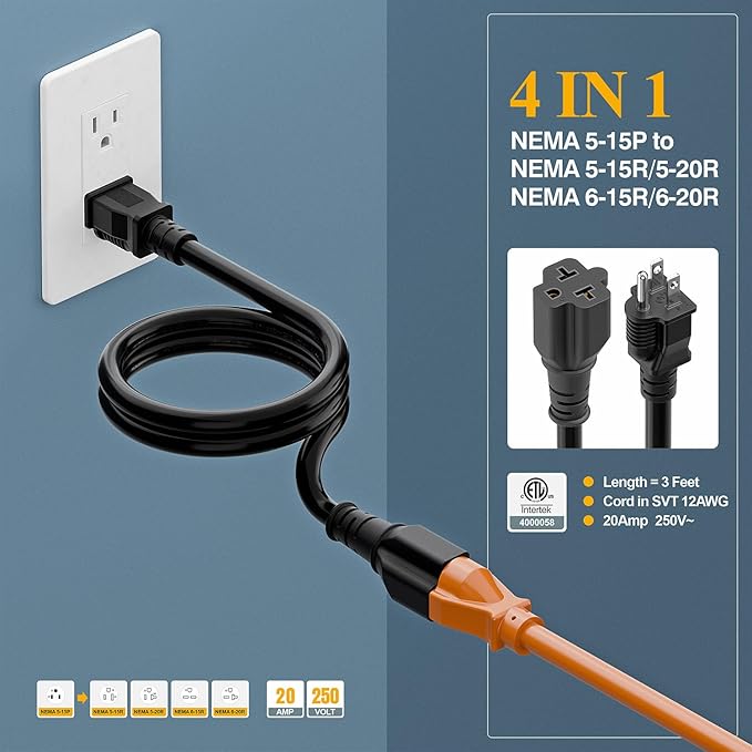 (3Feet) NEMA 5-15P Extension Cord, Plugrand NEMA 5-15P to 5-15R/ 5-20R/ 6-15R/ 6-20R AC Adapter Cord, 12AWG 15 Amp to 20 Amp T Blade Adapter Cable, 15A 125V to 20A 250V Extension Cord
