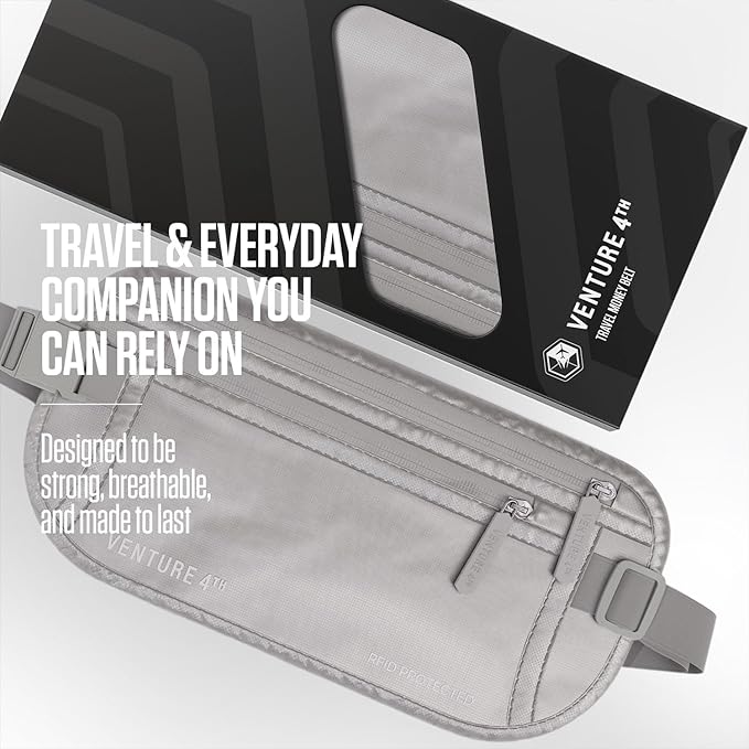 VENTURE 4TH Money Belt for Travel – Slim Hidden Under-Clothes RFID Blocking Anti-Theft Passport Holder & Travel Wallet Pouch for Men & Women to Protect Cash, Cards & Documents (Sleek Silver)