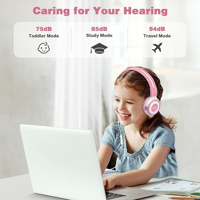 SIMOLIO Wired Headphones for Kids with Mic & Share Port, 75dB/85dB/94dB Volume Limit Children Headphone with Portable Bag for School/Travel, Stereo Sound, Tangle-Free Cord (Pink&White)