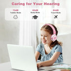 SIMOLIO Wired Headphones for Kids with Mic & Share Port, 75dB/85dB/94dB Volume Limit Children Headphone with Portable Bag for School/Travel, Stereo Sound, Tangle-Free Cord (Pink&White)