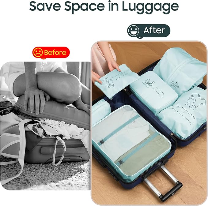 8 Set Travel Packing Organizers- Luggage Organizer for Suitcase Organization with Hanging Toiletry, Shoe & Laundry Bags, Packing Cubes for Travel Essentials, Cute Gifts for Women, Lake Blue