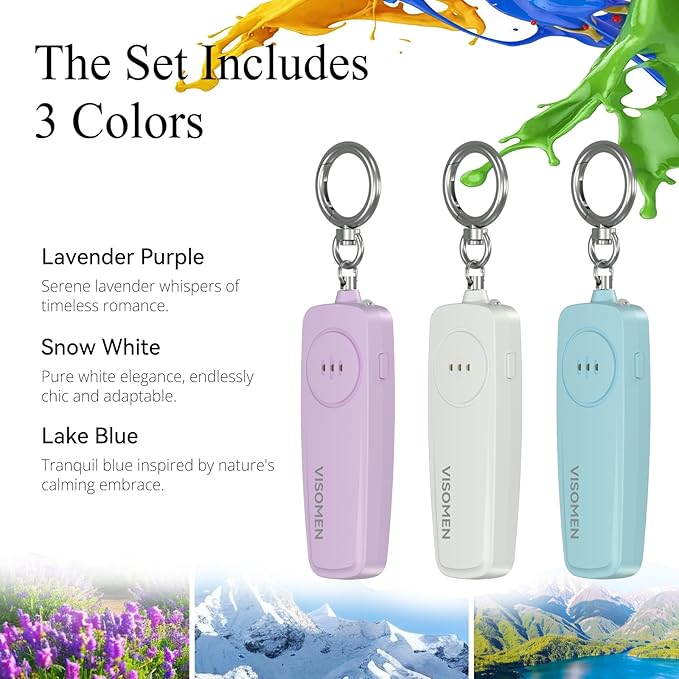 Personal Safety Alarm Keychain for Women,3-Pack,Loud Siren with Flashing LED Light,Portable Emergency Security Device,Gifts for Kids,Presents for Elderly,Night Running,Purple White Blue