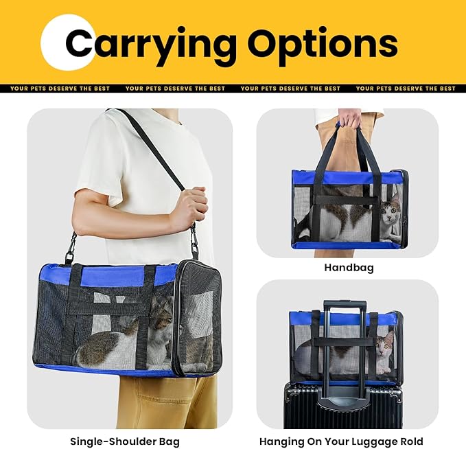 Conlun Cat Carrier Bag,Soft-Sided Pet Carriers for Dogs with 4-Sided Mesh,Airline Approved Cat Transport Carrier for Small&Medium Cats Kitten Puppy Up to 15LB,Collapsible Cat Travel Carrier-M,Blue