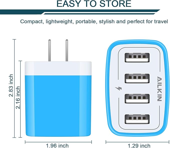 USB Wall Charger, Charging Block, AILKIN 2-Pack 4.8A/5V 4 Port USB Plug Power Travel Brick Adapter for iPhone, iPad, Samsung Galaxy, Moto, Kindle Fire, Headphones, Doorbell Android Phone Box Cube