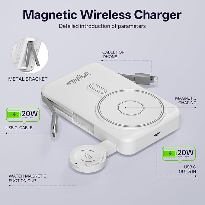 Magnetic Portable Charger Built-in Cables,10000mAh Fast Charging Wireless Charger Station External Battery Pack Slim Pocket Size Power Bank with Stand Compatible with iWatch, iPhone