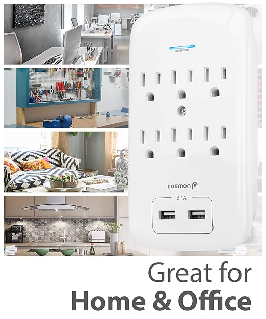 Fosmon 6 Outlet Wall Surge Protector Outlet Wall Mount, USB in Wall Charger Surge Protector (1200 Joules), 2 USB ports 3.4A, 1875W, 3-Prong Grounded