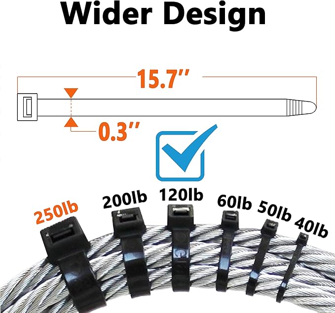 120lb Zip Ties Heavy Duty 15 Inch 100pcs, Large Black Cable Tie Actual 15.7 In, Thick Heat Resistant Zipties, Big Wide Wire Ties, Industrial Tie Wraps for Outdoor Use