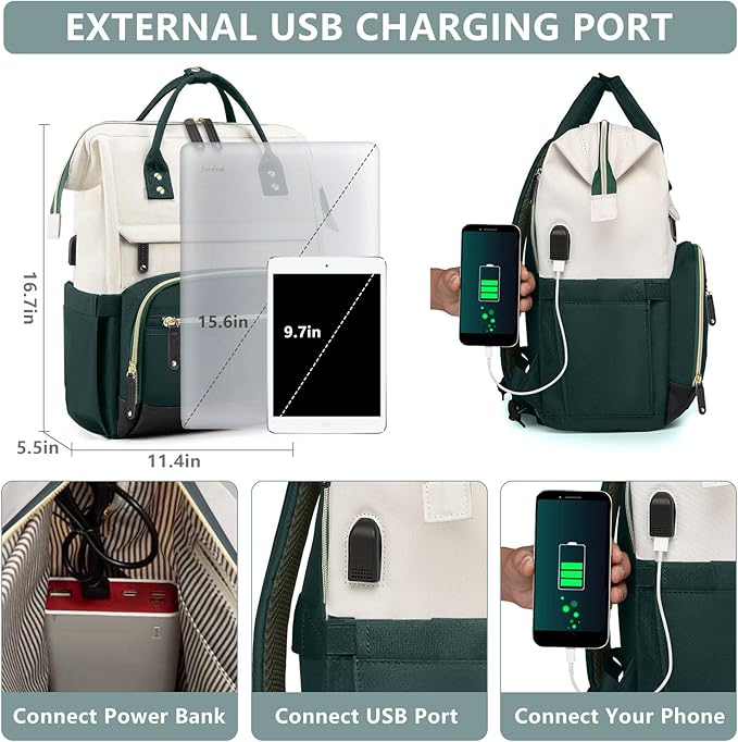 Laptop Backpack Women Work Bag: 15.6 inch Work Bookbag with USB Charging Port Large Travel Backpack Purse for College Nurse Casual Daypack for Teacher Professional Computer Backpack Beige Dark Green