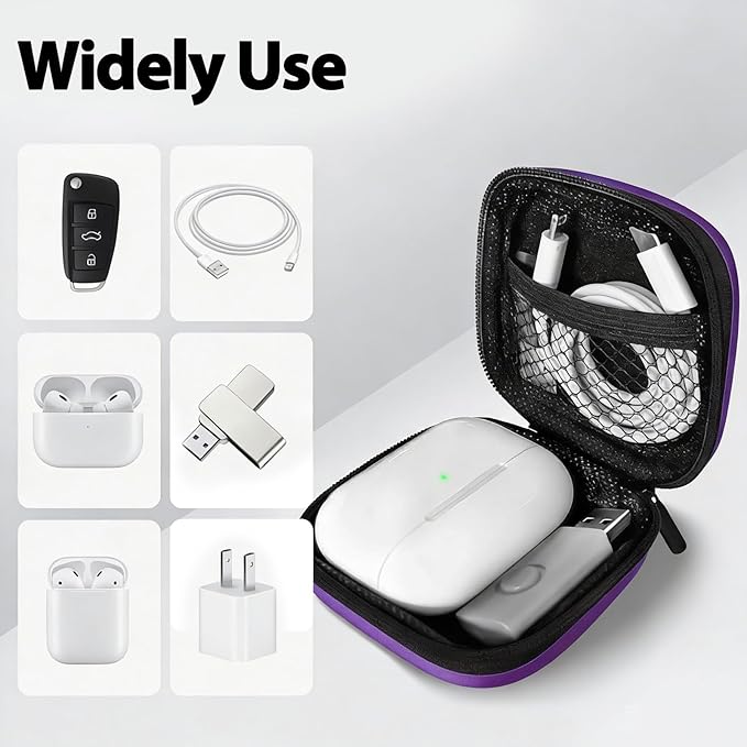 Square Earbud Case with Carabiner, Portable Small Carrying Pouch for Wired/Wireless Earphones, EVA Travel Organizer Box for Charging Cables, USB Flash Drives, SD Cards, Purple