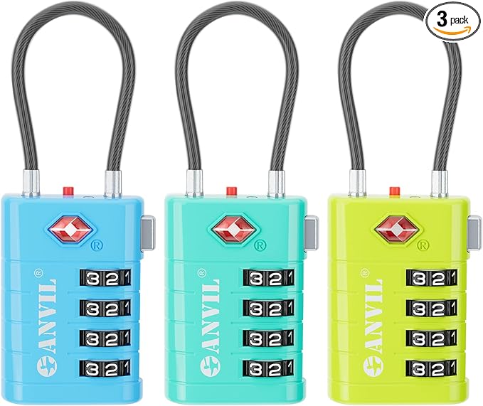 ANVIL 4 Digit Luggage Locks, TSA Locks for Luggage, Advanced TSA008 core, Alert Indicator for Your Travel Lock, Suitcase Lock.(3, 3 Colors)