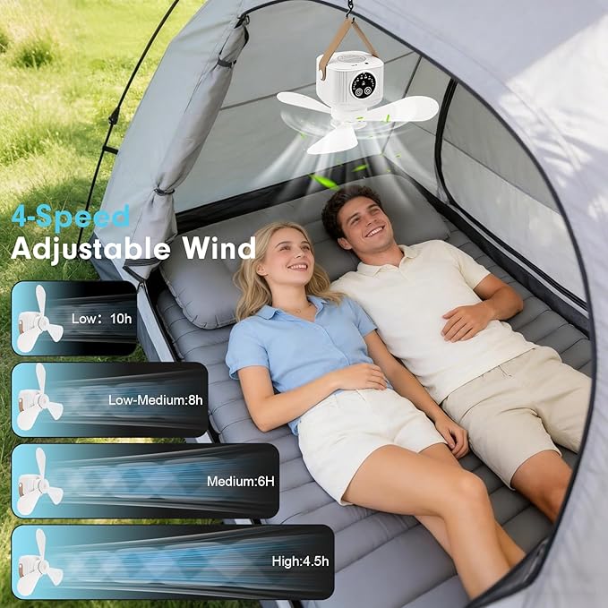 Portable Ceiling Fan with Lights Remote,USB Rechargeable Camping Fan,9.25" Wireless Tent Fan with 4 Speeds,Timer,Battery-Powered Ceiling Fan for RV,Truck,Rooftop Tent,Travel,Camping