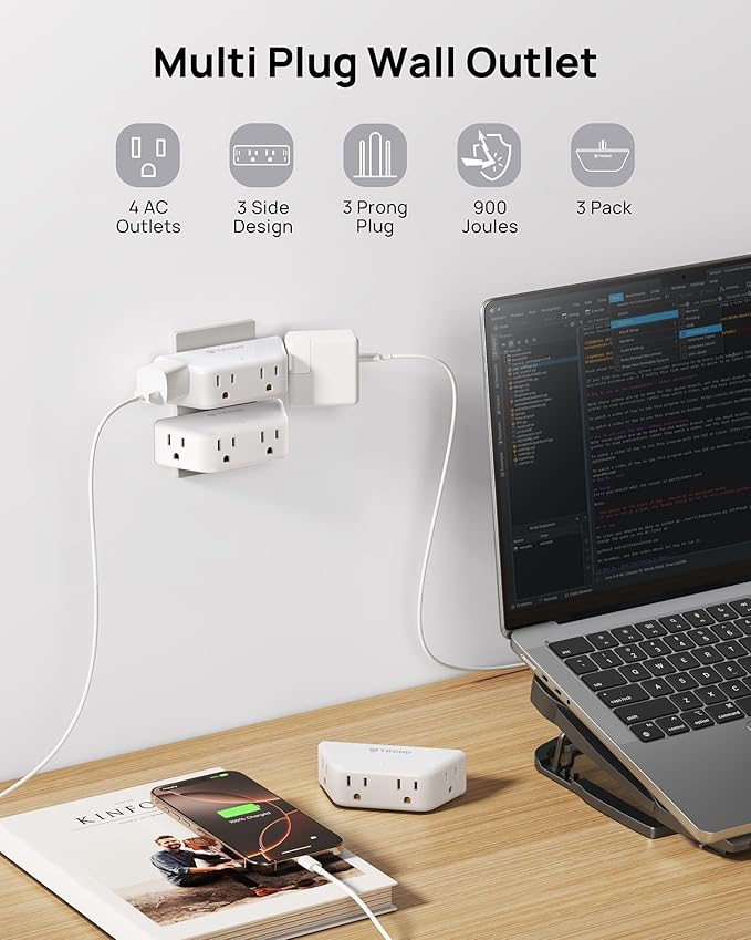 TROND Wall Outlet Extender 3 Pack - Surge Protector Outlet with 4 Grounded Sockets, 3 Way Angled Plug Adapter, 900J, Multiple Wall Splitter for Home Office Dorm Room Essentials, White