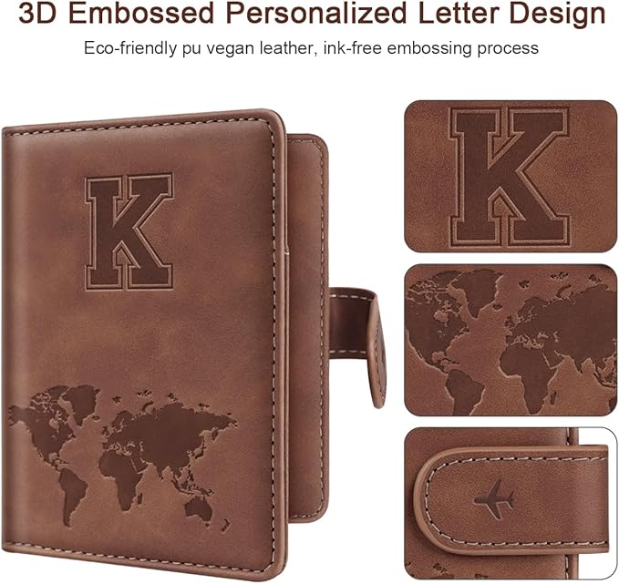 Passport Holder Wallet Cover Personalized Letter A-Z Travel Wallet RFID Blocking Passport Cover Wallet Case for Travel Passport Book Holders for Women and Men, Brown-K