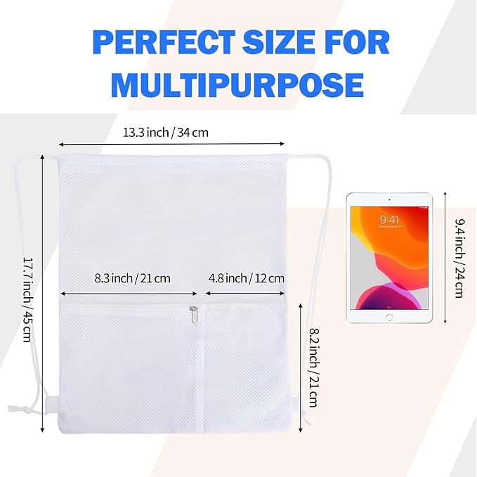 NATURAL STYLE 2 PACK Mesh Drawstring Backpack Bag, Multifunction Mesh Bag for Swimming, Athletic Gym, Clothes, Beach, Swim (White)