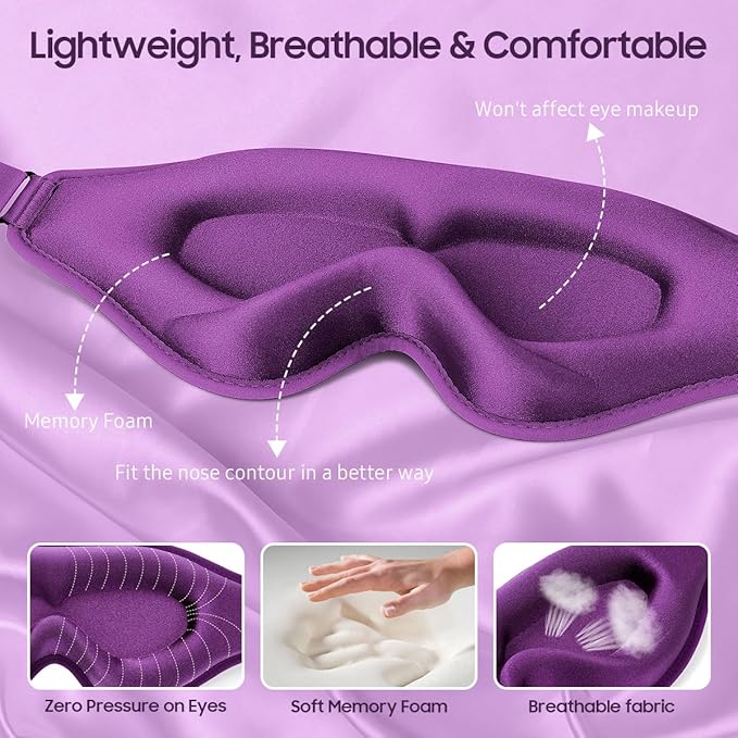 BeHoomi Sleep Mask, Premium Eye Mask for Sleeping, 3D Ergonomic Designed Sleeping Mask, Upgraded Light Blocking & Blindfold Sleep Masks for Women, Men (Purple)