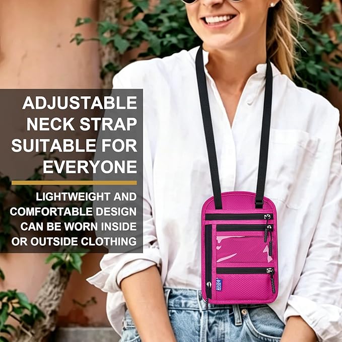 Neck Wallet with RFID Blocking - Hidden Travel Passport Holder Pouch | Concealed Under Clothing, Anti-Theft Security | Adjustable & Lightweight for Vacation, Airports