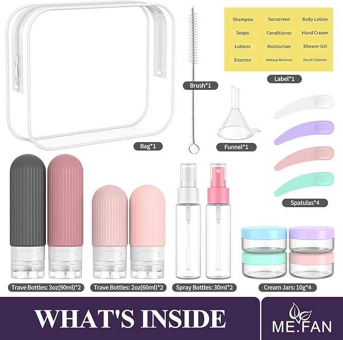 ME.FAN 18 Pack Travel Bottles for Toiletries, TSA Approved Silicone Portable Size Bottle, Refillable Cosmetic Container Kits for Conditioner, Shampoo, Lotion,Face Cream - Pink