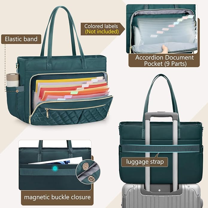 RAINSMORE Teacher Tote Bag 15.6 Inch Laptop Bag for Women Work Bag with Large Cup Holder Nurse Bag Computer Tote Handbag