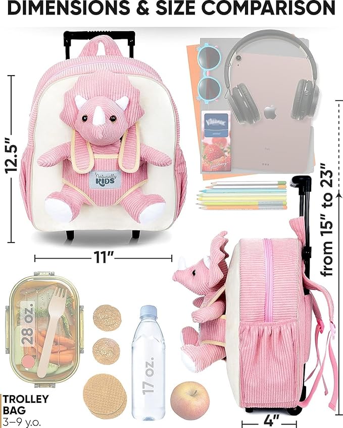 Toddler Luggage for Girls w Dinosaur Toys, Kids Rolling Backpack Girls, Toddler Suitcase, Gifts for 3 4 5 6 Year Old