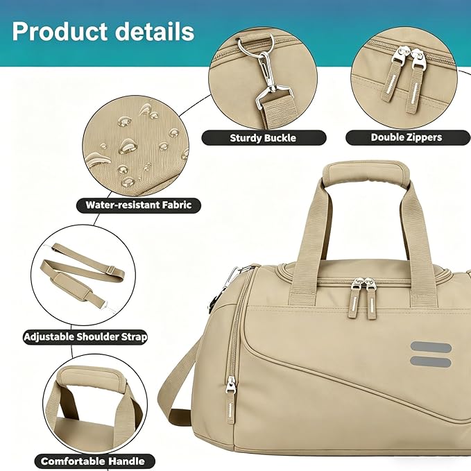 Gym Bag for Men & Women - 30L Duffel Bag with Shoe Compartment, Weekender Water Resistant Duffle Bag for Travel, Sports, Fitness & Workouts, Khaki